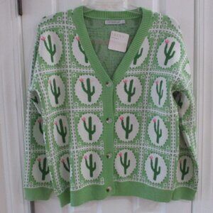 NWT  Miss Sparkling Green Cactus button Down Cardigan Sweater Sz Large